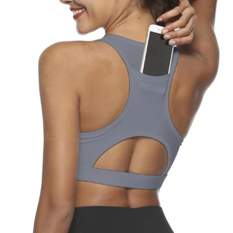 Women's Sports Bra with Phone Pocket: Wireless Fitness Top